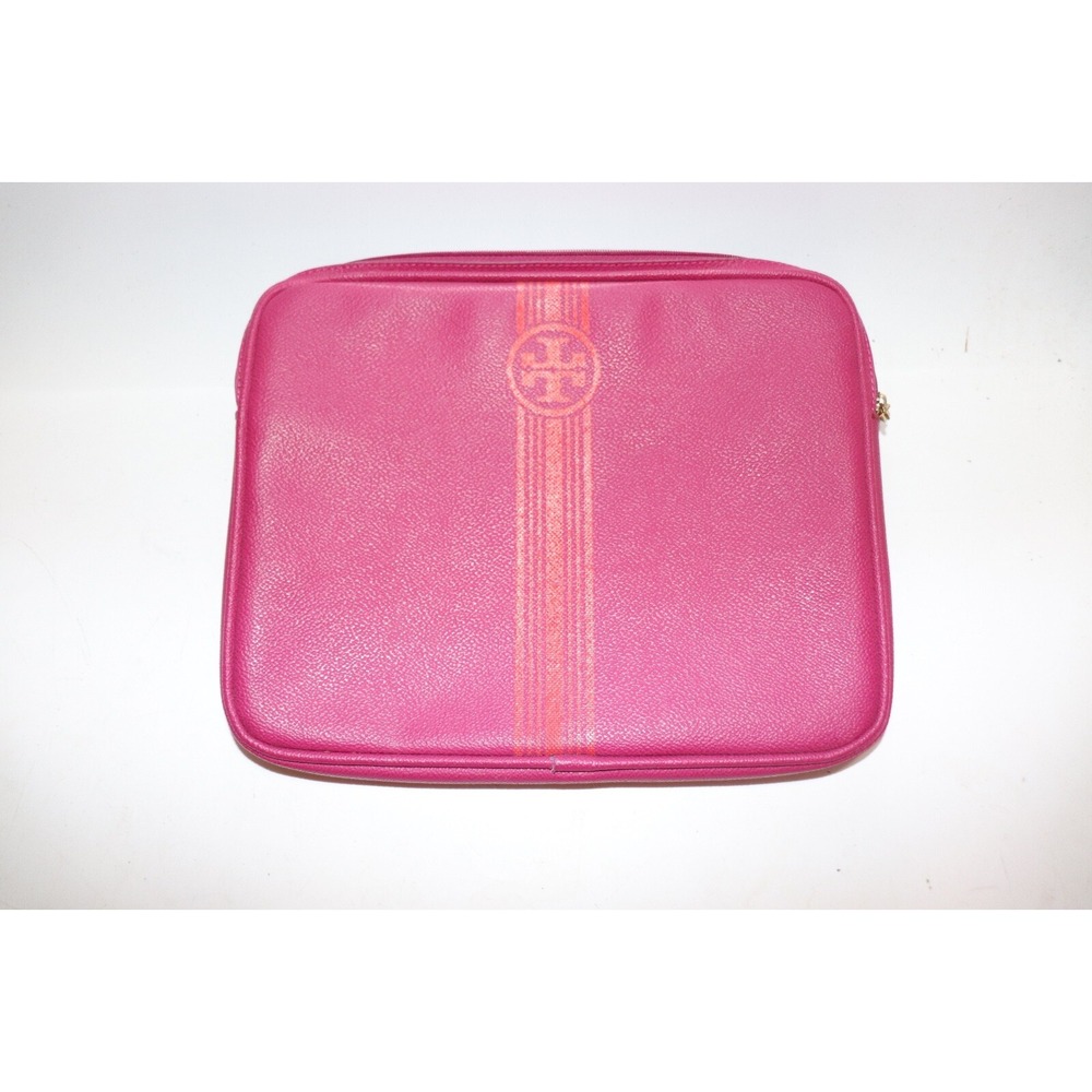 Tory Burch Tablet Ipad Case Sleeve Dark Pink Gray Stripe Logo Flaw